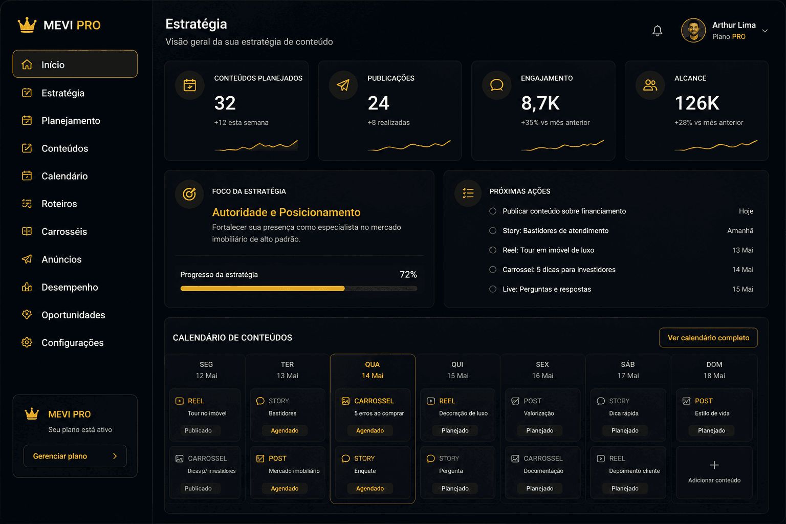 Tela de estratégia e cronograma do MEVI